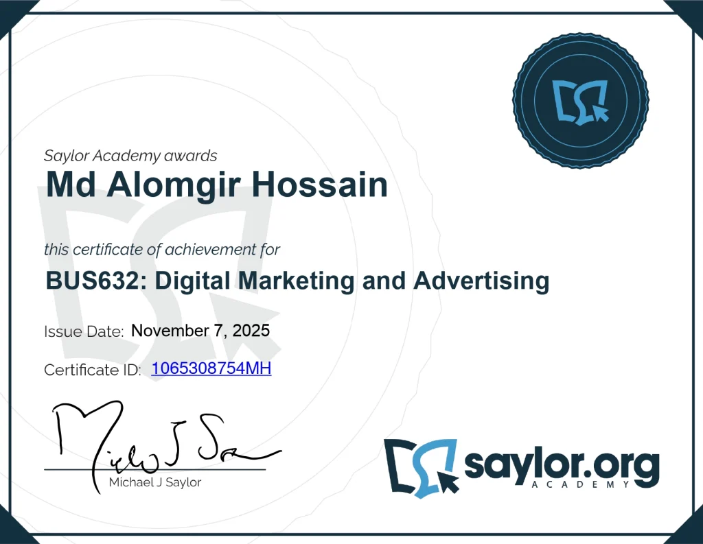 Alomgir Rifat Certificate - Digital Marketing and Advertising- Saylor