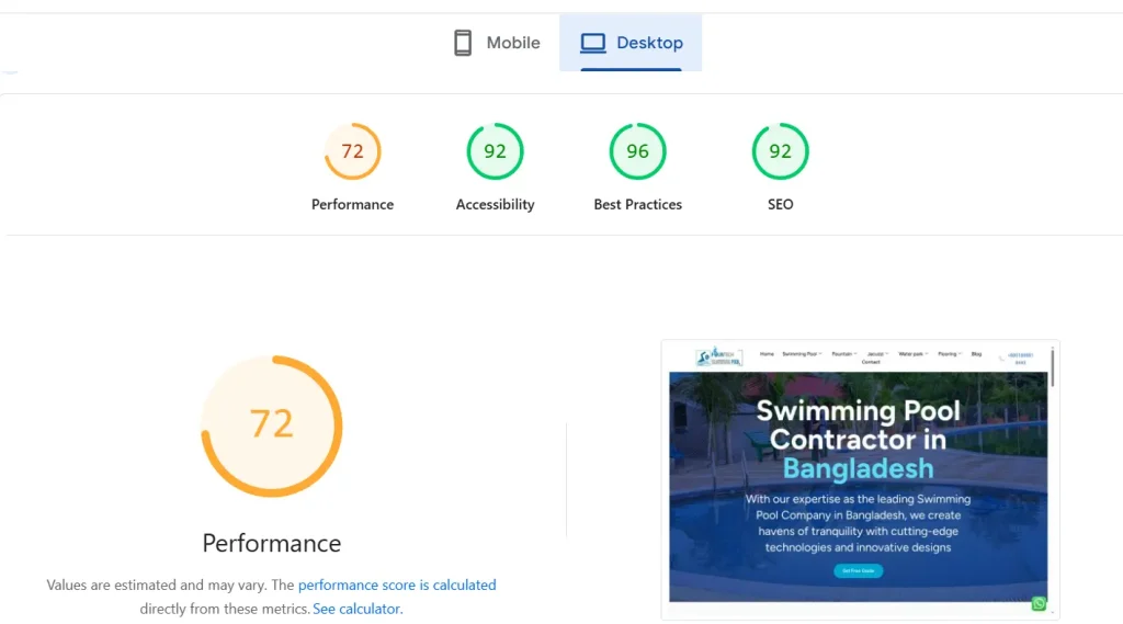 Fountech Page Speed Insight report